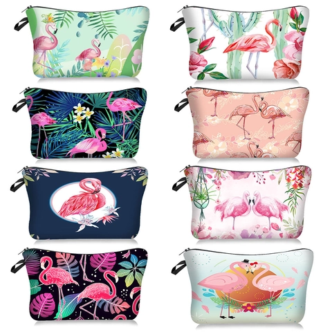 Flamingo Print Polyester Makeup Bag Tropical Floral Zipper Storage Pouch Portable Cosmetic Organizer For Women Travel
