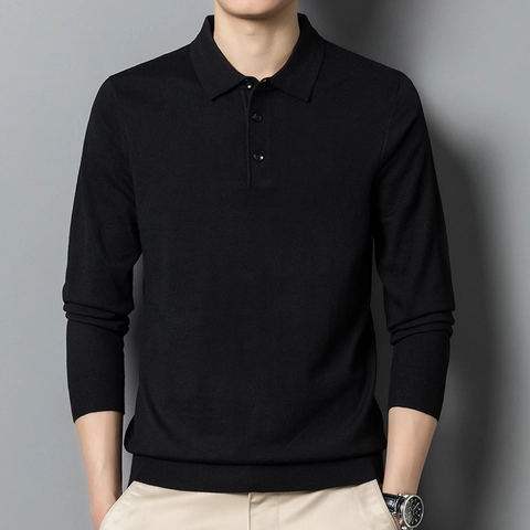 Men Long Sleeve Knitted Polo Shirt Wool Blend Solid Color Lapel Buttoned Business Casual Slim Fit Soft Sweater Tops