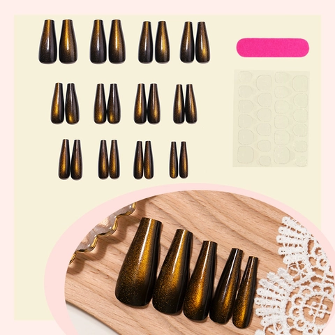 Coffin Press On Nails Cat Eye Magnetic Golden Amber Glitter Glossy Maillard Style False Nails With Tool Kit