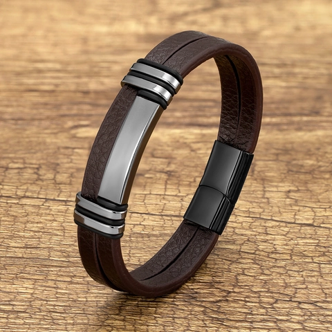 Bracciale In Pelle Intrecciata Da Uomo Con Chiusura Magnetica In Acciaio Inossidabile Piastra Metallica Geometrica Punk Retro