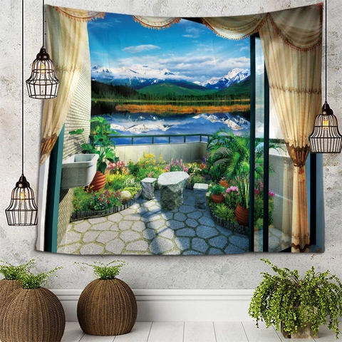 Tapiz De Pared Con Vista A La Ventana Poliéster Impresión 3D Para Dormitorio Sala Paisaje Playa Bosque Montaña
