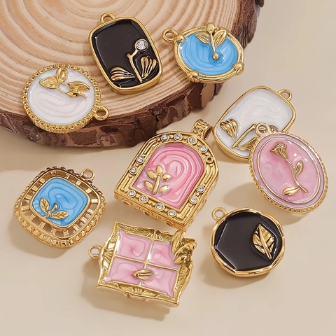 Retro Stainless Steel Enamel Floral Pendants Vintage Oil Painting Charms With Rhinestone For DIY Jewelry Making Accessories
