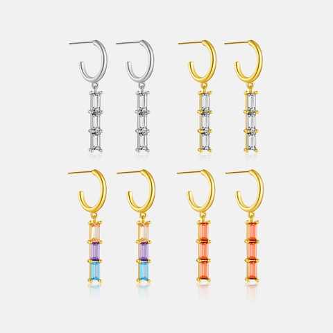 Orecchini Pendenti In Argento Sterling 925 Con Zirconia Cubica Rettangolare Placcato Oro 18K Cristallo Arcobaleno