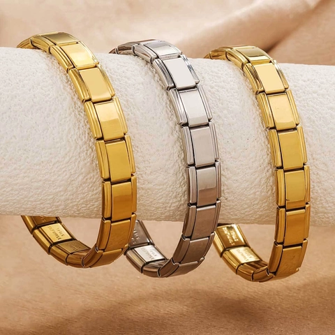 Pulsera Modular Italiana De Acero Inoxidable Eslabones Cuadrados Elásticos Moda Minimalista Unisex