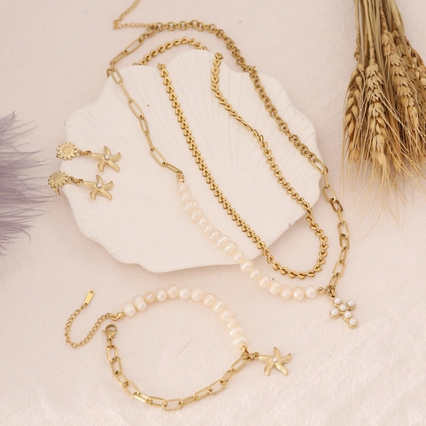 Collana Künstliche Perle Naturali Acciaio Inossidabile Pendente Croce Stella Marina Girasole Set Gioielli Donna Stile Boho Spiaggia