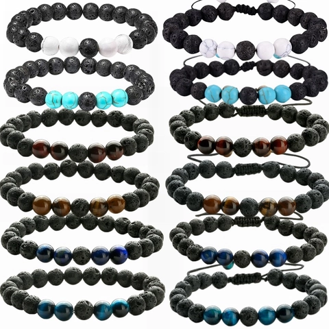 Natural Lava Stone Tiger Eye Beaded Bracelet Adjustable Braided Rope Energy Yoga Healing Jewelry For Men Women