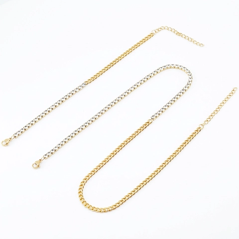 Collana E Bracciale Cuban Chain E Tennis Giuntati Acciaio Inossidabile 304 Strass Incastonati Placcato Oro 18K Gioielli Per Donna