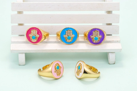 Vintage Hamsa Hand Adjustable Open Ring Copper Zirconia Enamel Evil Eye Finger Ring For Women Gold Plated Bohemian Jewelry