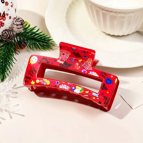Happy New Year Hair Claw Clips Printed Plastic Rectangular Shark Clips For Women Girls Holiday Party Hair Accessories