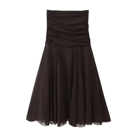 Vestido Largo Plisado Sin Tirantes Para Mujer Elegante Café Poliéster Gasa Color Sólido Fiesta De Noche