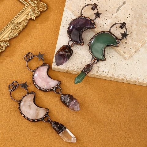 Vintage Moon Star Natural Crystal Pendant Necklace Antique Bronze Copper Handmade Boho Jewelry Gift For Women