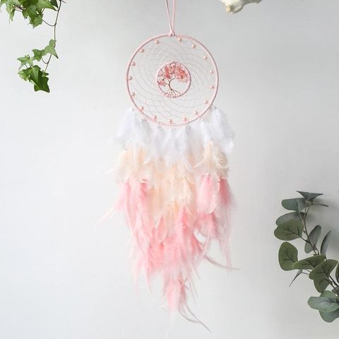 Acchiappasogni Albero della Vita Fatto a Mano Decorazione da Parete Con Piume Sfumate Rosa E Perline di Cristallo per Casa