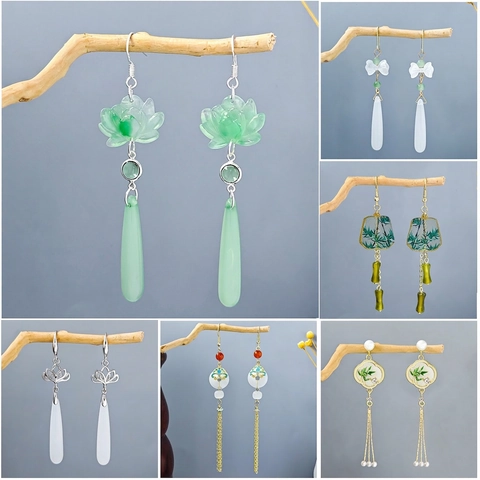 Pendientes Largos Colgantes Estilo Chino Vintage Resina Perla Artificial Aleacion Borla Flor Bambu Mariposa Poste De Acero Inoxidable