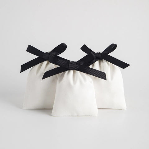 Jewelry Packaging Pouch Microfiber Velvet Drawstring Bag With Black Grosgrain Ribbon Bow For Gifts Storage Elegant White