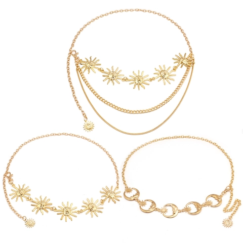 Bohemian Metall Taille Kette Gürtel Mehrlagig Sonne Mond Stern Smiley Charms Körperschmuck Für Damen Verstellbar