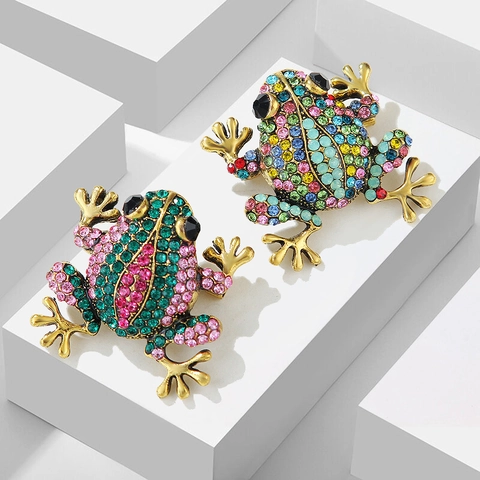 Spilla a Forma di Rana in Lega Retrò con Strass Tonalità Oro Cristallo Colorato Spilla da Bavero Animale per Donna Uomo Accessori Moda