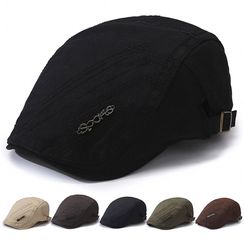 Retro Flat Cap Pure Cotton Ivy Cap With Metal Letter Decor Adjustable Buckle Casual Vintage Newsboy Hat For Men