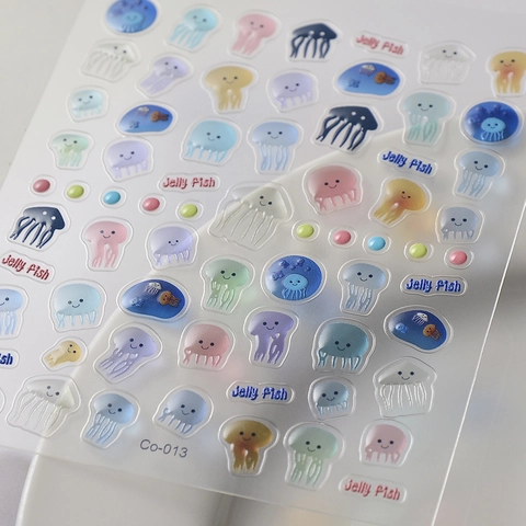 5D Embossed Nail Stickers Jellyfish Pattern Self Adhesive Waterproof Cartoon Colorful Manicure Art Decoration For Women