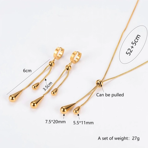 18K Vergoldeter Edelstahl Schmuck Wassertropfen Quaste Verstellbare Y-Halskette Und Ohrstecker Für Damen