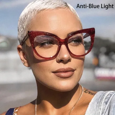 Glitter Cat Eye Glasses Oversized PC Frame Anti-Blue Light Sparkling Eyewear For Women Street Style Fashion Accessories