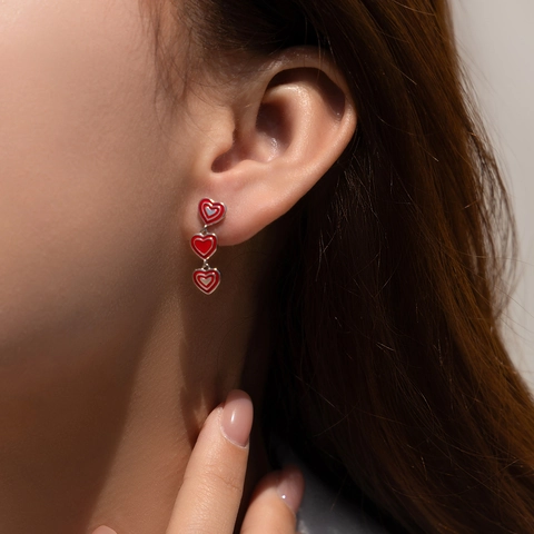 925 Sterling Silber Dreifach Herz Hängeohrringe Rote Emaille Lange Süße Romantische Schmuck Für Frauen