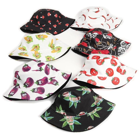Reversible Bucket Hat With Cartoon Vegetable Prints Double Sided Sun Protection Cotton Polyester Outdoor Fashion Cap