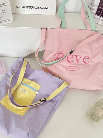 Grote Capaciteit Polyester Tote Bag Met Verstelbare Riem Borduurwerk Contrastkleur Casual Schoudertas