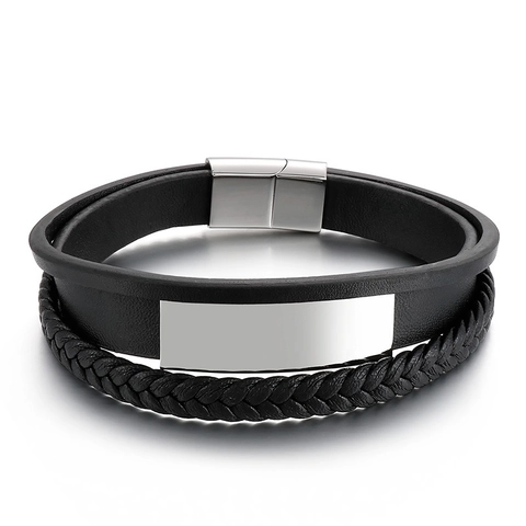 Bracciale In Pelle Intrecciata Da Uomo Con Piastra ID In Acciaio Inossidabile Avvolgimento Multistrato Gioielli Moda