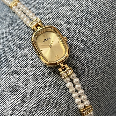Elegant Women Artificial Pearl Bracelet Watch Luxury Oval Metal Case Quartz Wristwatch With Rhinestone Fashion Jewelry
