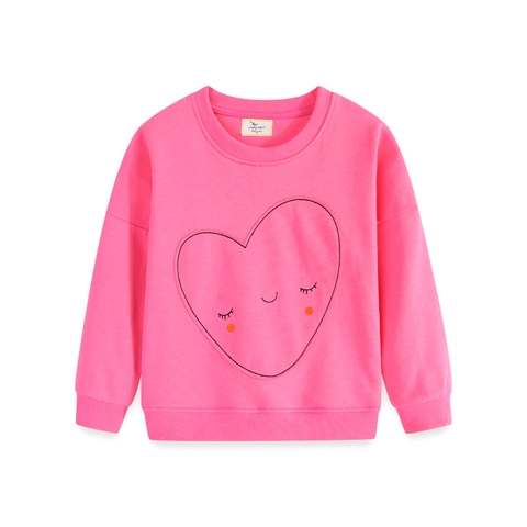 Girls Casual Cotton Long Sleeve Sweatshirt Heart Embroidered Smile Pattern Pink Kids Pullover Round Neck Autumn Spring Top