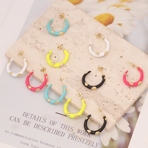 C-Shaped Hoop Earrings Stainless Steel Enamel Drip Oil Polka Dot Retro Fashion INS Style Jewelry For Women