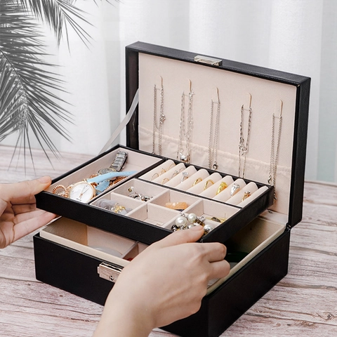 Jewelry Box Layered PU Leather Organizer For Necklaces Rings Earrings Storage Case With Metal Lock Velvet Lining