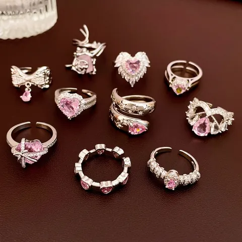 Roze Zirkon Hart Open Ring Verstelbaar Koper Verzilverd Zoete Elegante Sieraden Voor Dames