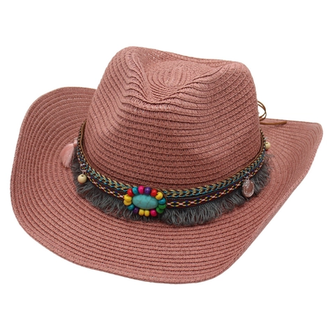 Damen Western Cowboy Strohhut Ethnisch Bohemian Türkis Quaste Sonnenhut Strand Handgewebt Sommer Faltbar Reise Jazz Mütze