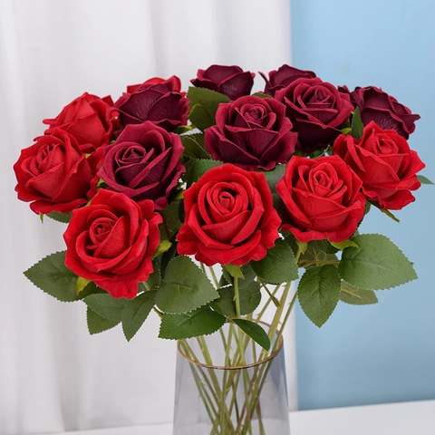 Artificial Rose Flower Single Stem Velvet Flocked Realistic Floral Arrangement For Home Wedding Decor Valentine Gift