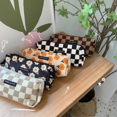 Retro Corduroy Pencil Case Floral Checkered Canvas Large Capacity Makeup Storage Bag Zipper Stationery Organizer Students