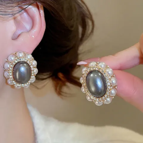 Pendientes Ovalados Barrocos Vintage Perla Artificial Gris Con Diamantes De Imitación Y Poste De Plata De Ley 925 Joyería Elegante