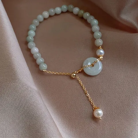 Beaded Bracelet With Light Green Jade Like Beads Artificial Pearl And Ping An Buckle Pendant Adjustable Gold Copper Chain Elegant