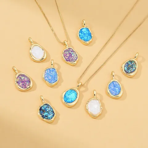 Pendentif Géométrique Irrégulier Cuivre Plaqué Or 18K Inlay Opale Synthétique Pour La Fabrication De Bijoux DIY Accessoire Mode