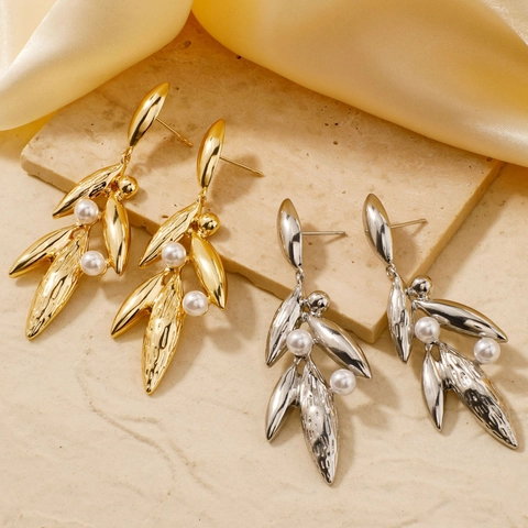 Pendientes Colgantes de Hoja de Cobre Elegantes Con Detalles de Perla Artificial Joyería de Estilo Botánico Para Mujer