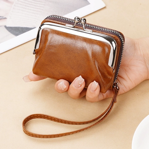 Vintage Women Coin Purse PU Leather Small Wallet With Metal Kiss Lock And Wristlet Strap Retro Oil Wax Texture Zipper Pocket