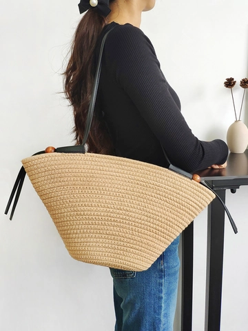 Borsa Tote In Corda Di Cotone Intrecciata A Forma Di Ventaglio Con Perline Di Legno Borsa A Spalla Da Donna Vacanza