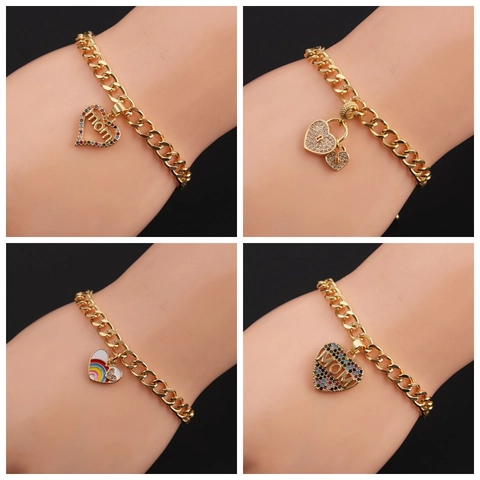 Heart Pendant Bracelet Copper Gold Plated Colorful Zircon MOM Letter Adjustable Curb Chain Mother Day Gift For Women