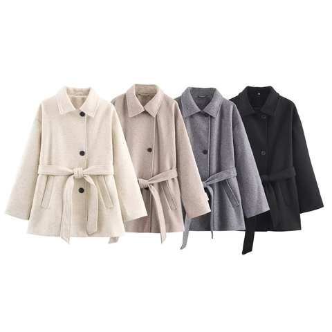 Manteau Femme Mi Long Style Laine Col À Revers Simple Boutonnage Avec Ceinture Élégant Décontracté