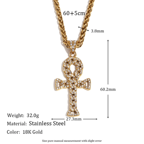 Edelstahl Ankh Kreuz Anhänger Halskette 18K Vergoldet Glänzende Strass Hip Hop Retro Gewebte Kette Für Herren
