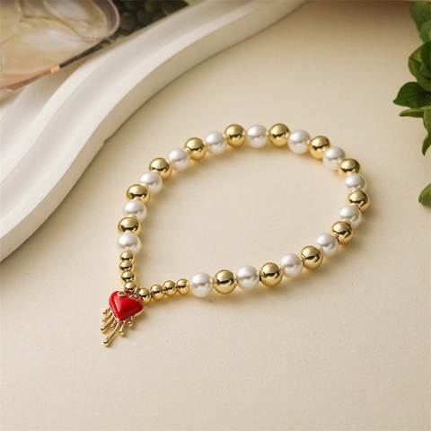Women's Fashion Faux Artificial Pearl Gold Copper Bead Bracelet Red Enamel Heart Lip Glove Lollipop Charm Beaded Bracelet Jewelry Gift