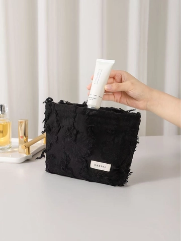 Distressed Fringed Canvas Cosmetic Bag Large Capacity Travel Makeup Organizer Zippered Toiletry Pouch Portable