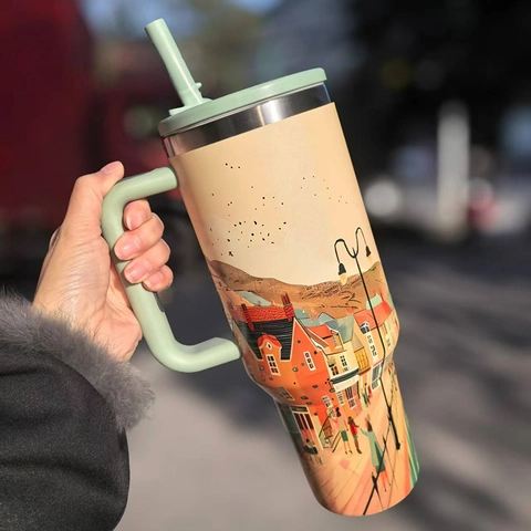Insulated Tumbler Stainless Steel Vacuum Cup With Handle And Straw Large Capacity Travel Car Mug Floral Landscape Print