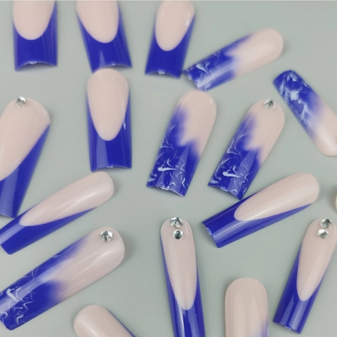 Blue Pink Gradient Press On Nails Long Square Marble Pattern French False Nails With Rhinestones Glossy Manicure For Women