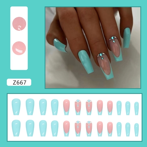 Uñas Postizas Press On Coffin Azul Lago Color Sólido Con Diamantes De Imitación French Tips Uñas Artificiales Moda